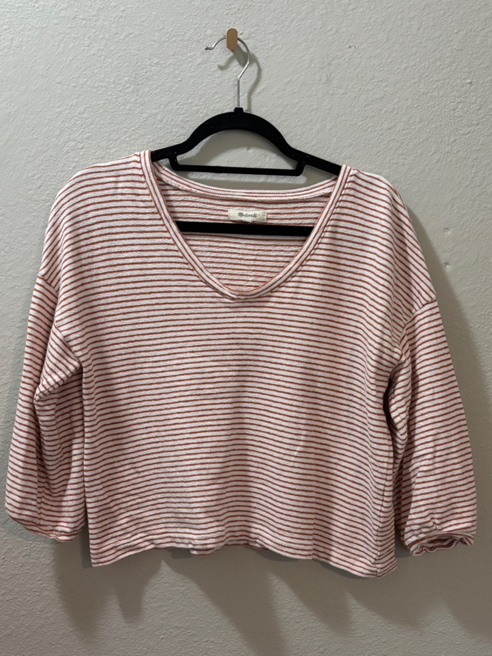 Madewell Orange White Striped V-Neck Bubble Sleeve Cropped Top Size Small